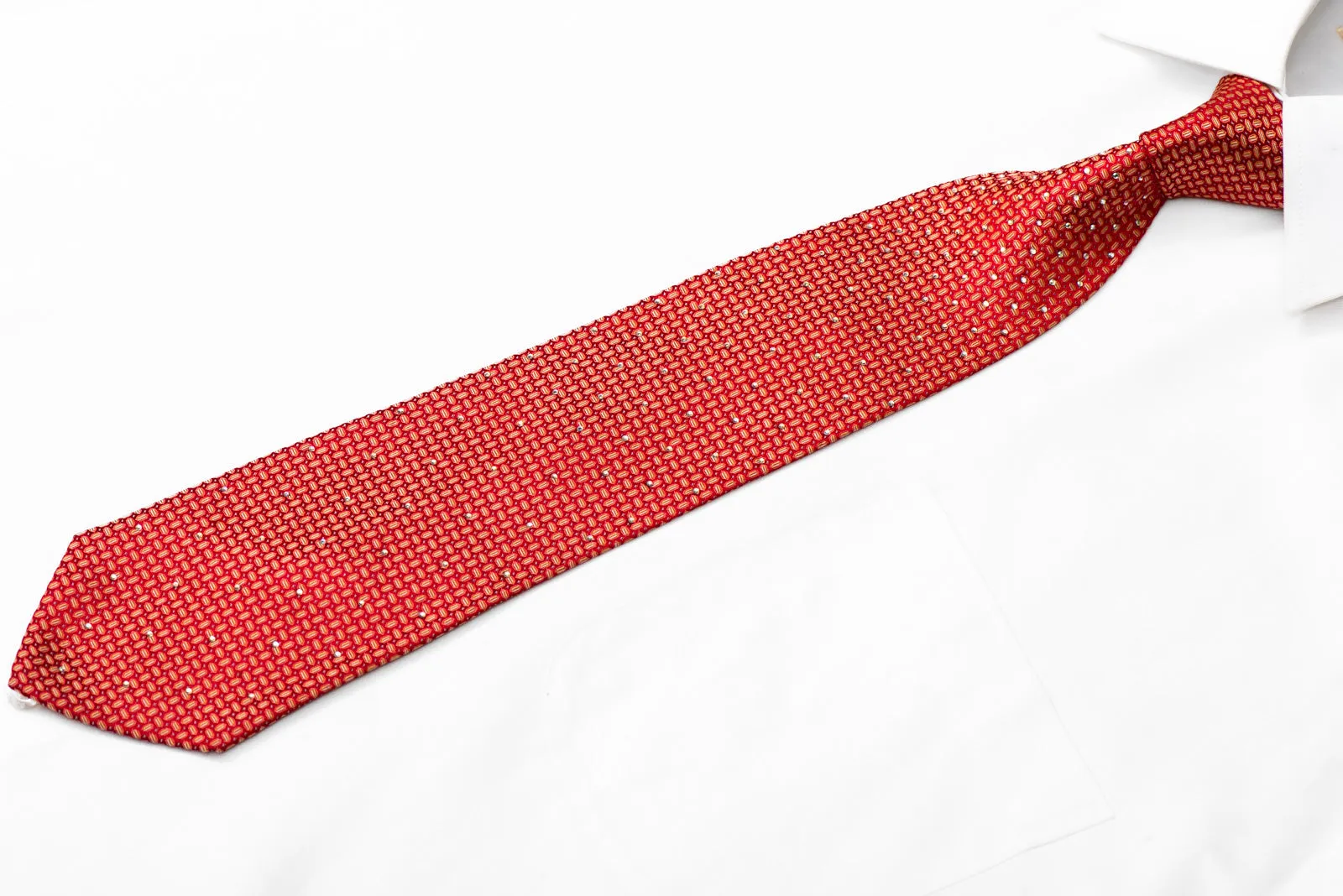 Orange Silver Geometric On Red Rhinestone Silk Necktie