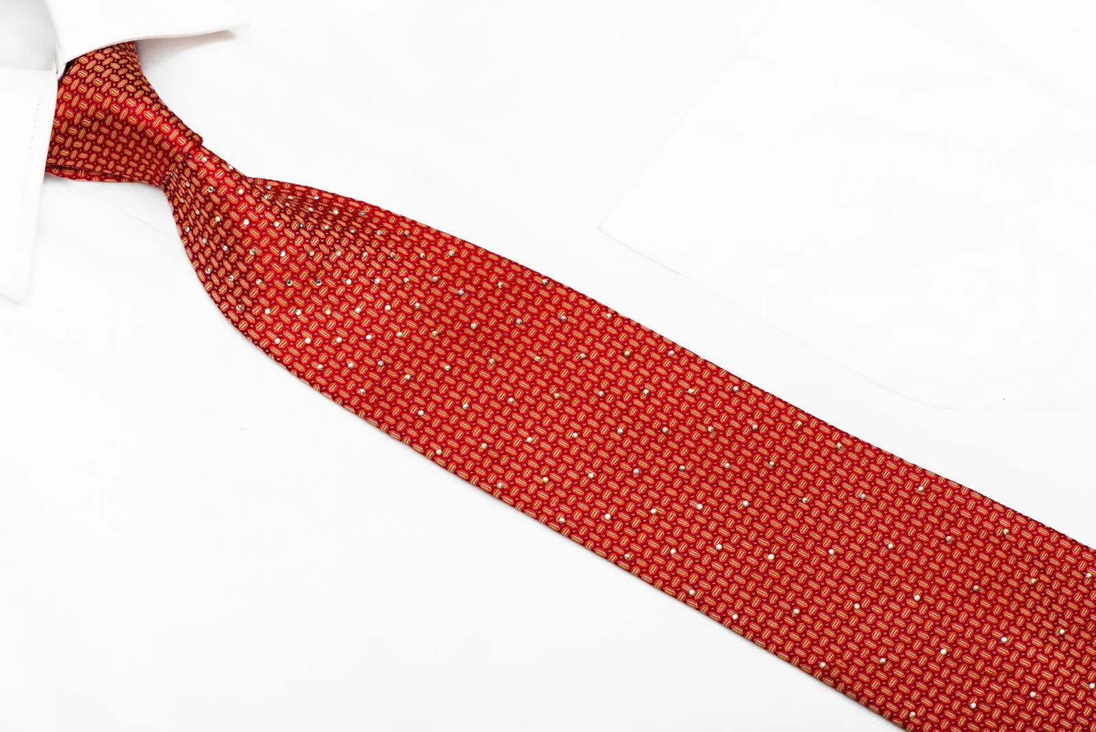 Orange Silver Geometric On Red Rhinestone Silk Necktie