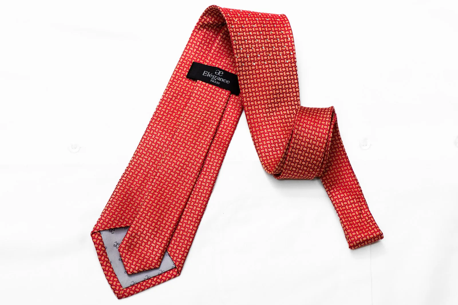 Orange Silver Geometric On Red Rhinestone Silk Necktie