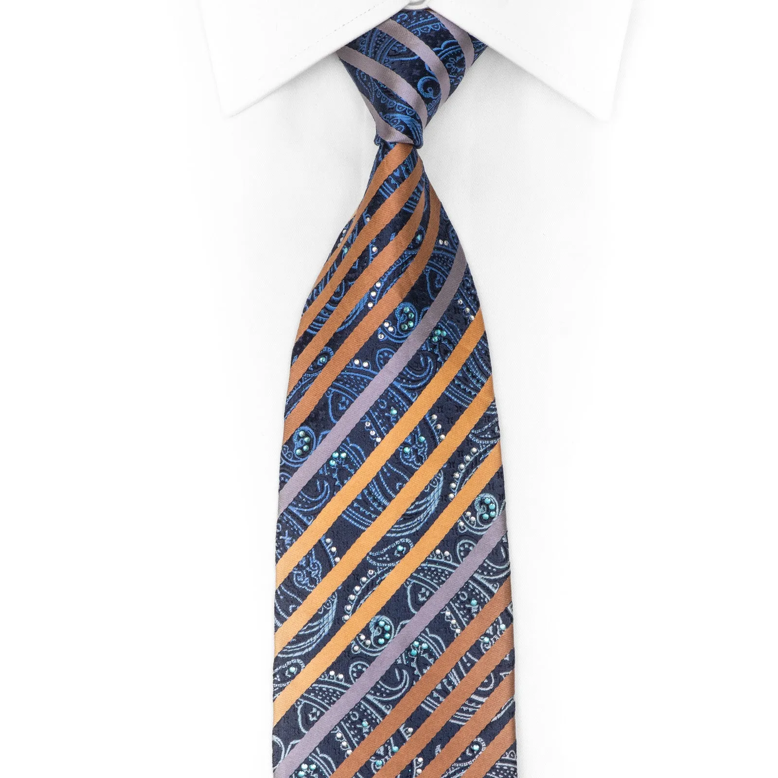 Orange Striped On Blue Paisley Rhinestone Silk Necktie With Blue Sparkles