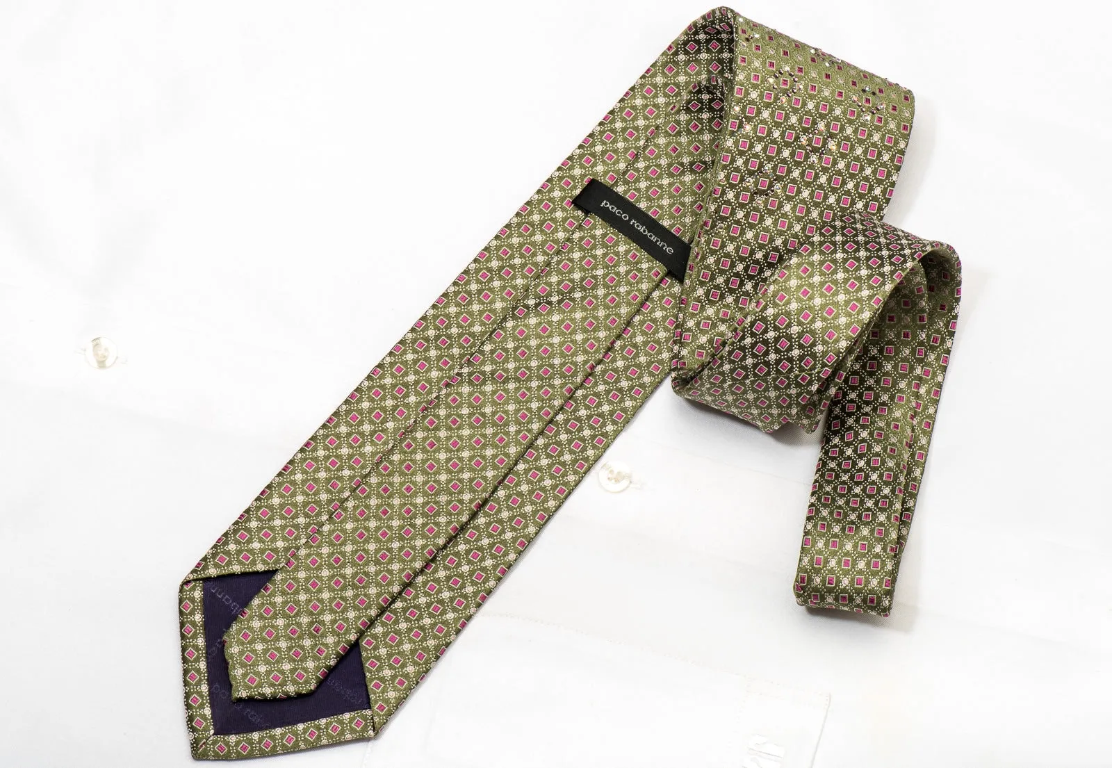 Paco Rabanne Men's Silk Necktie Pink Squares On Green Sparkling With Rhinestones