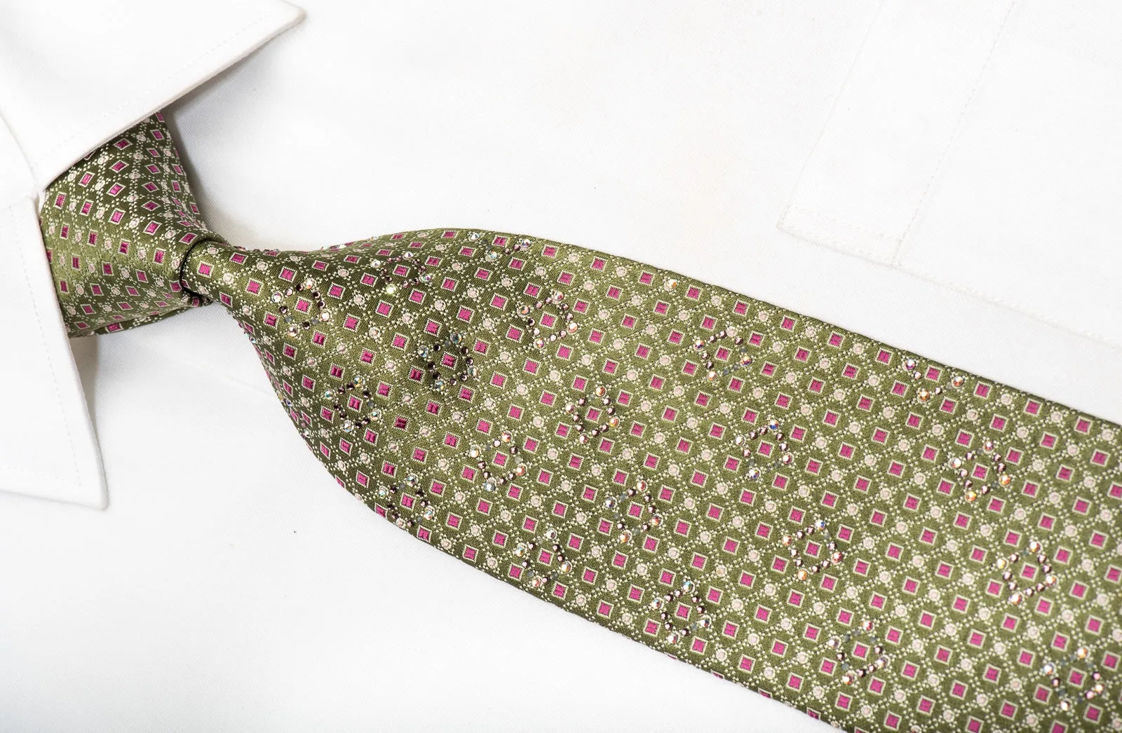 Paco Rabanne Men's Silk Necktie Pink Squares On Green Sparkling With Rhinestones