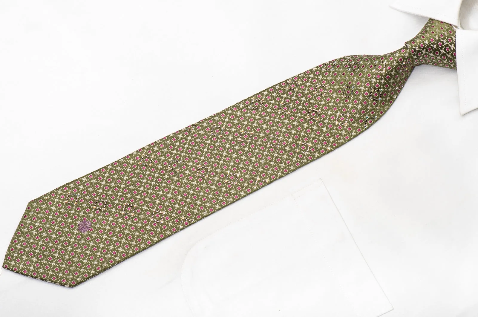 Paco Rabanne Men's Silk Necktie Pink Squares On Green Sparkling With Rhinestones