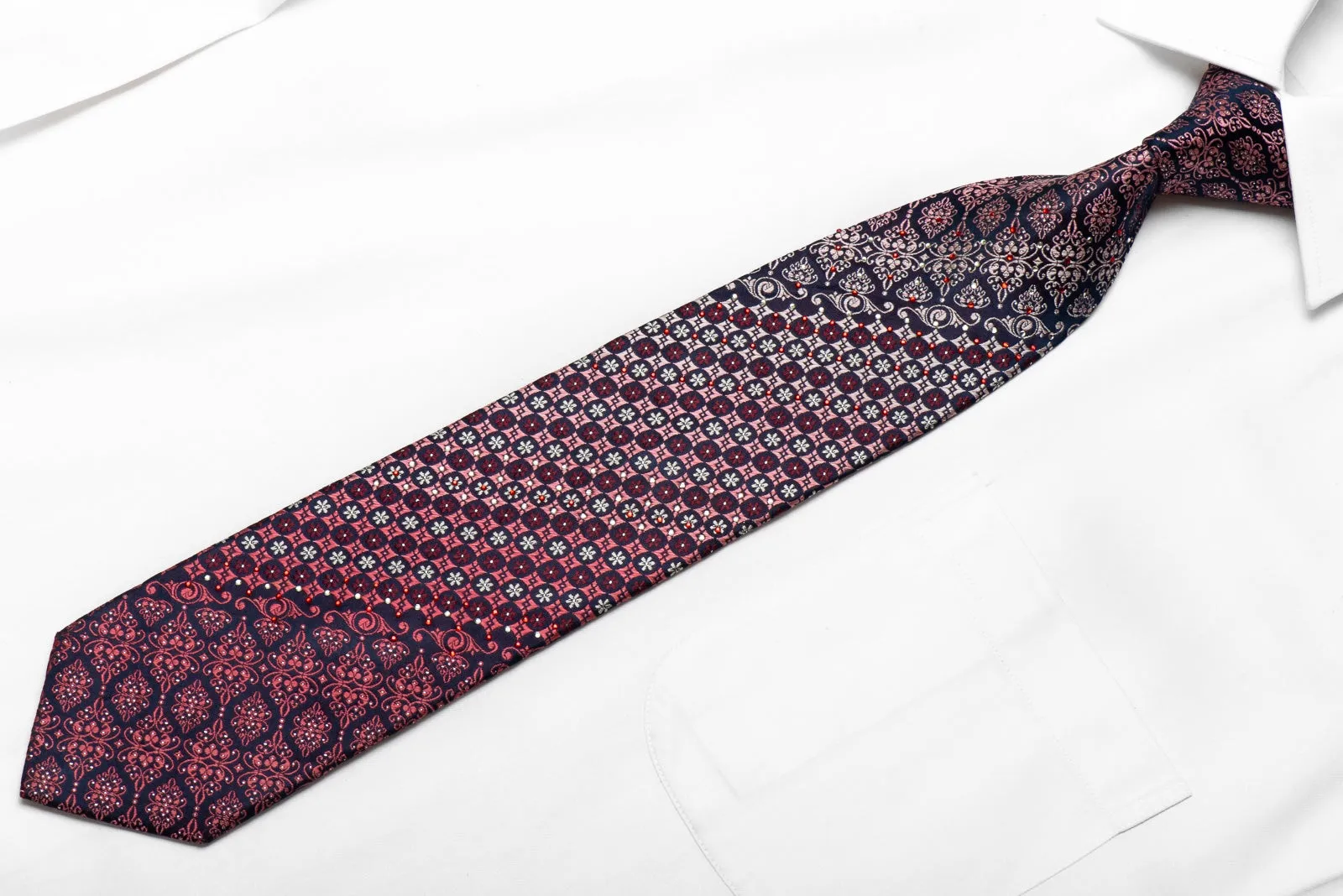 Parkland Men's Crystal Silk Tie Pink Cartouche On Navy With Silver Sparkles