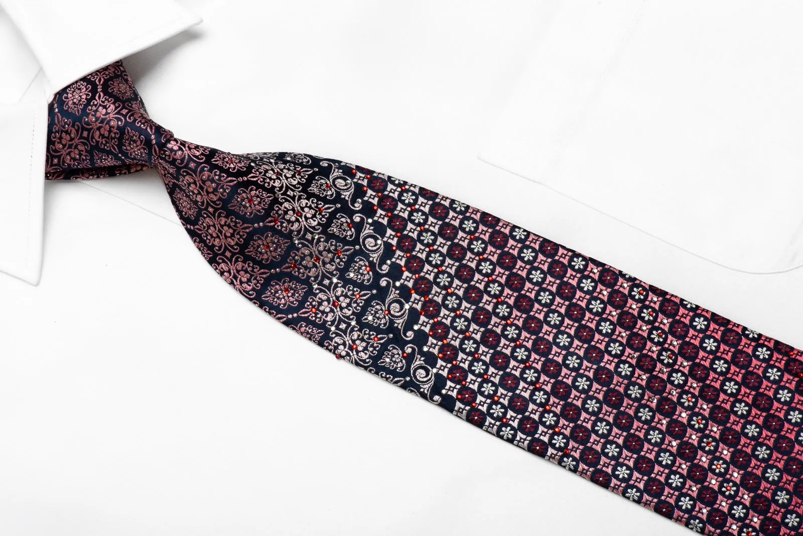 Parkland Men's Crystal Silk Tie Pink Cartouche On Navy With Silver Sparkles