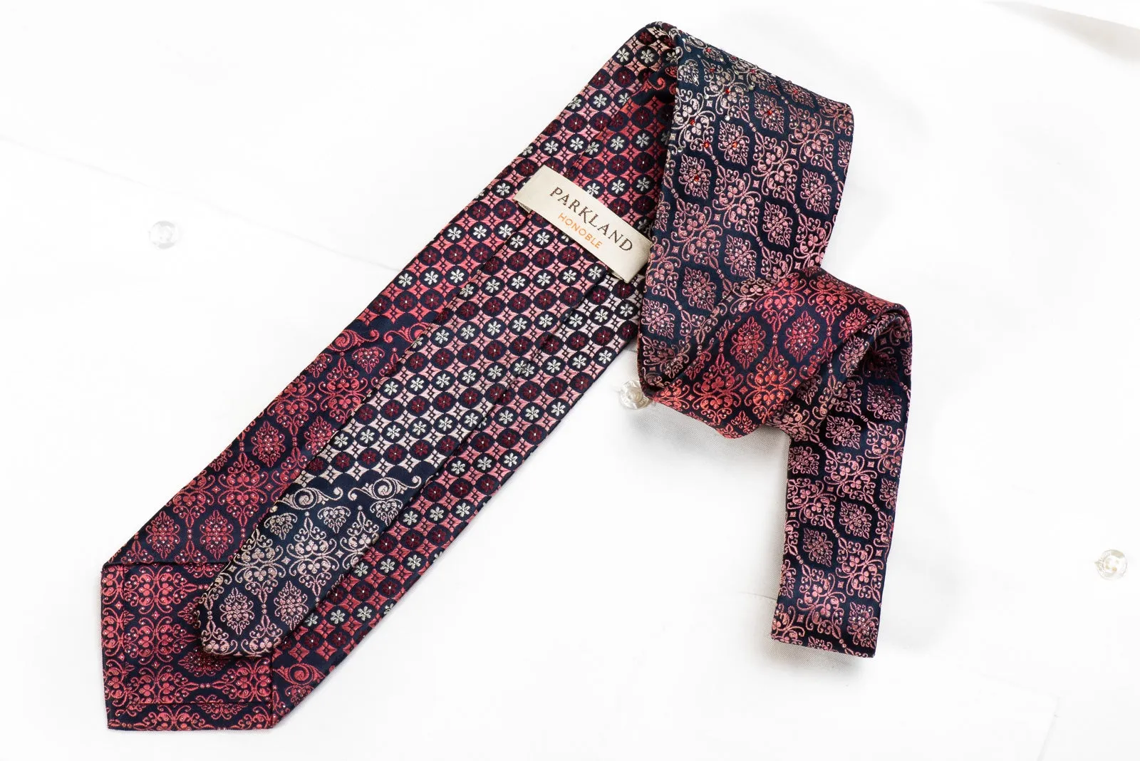 Parkland Men's Crystal Silk Tie Pink Cartouche On Navy With Silver Sparkles