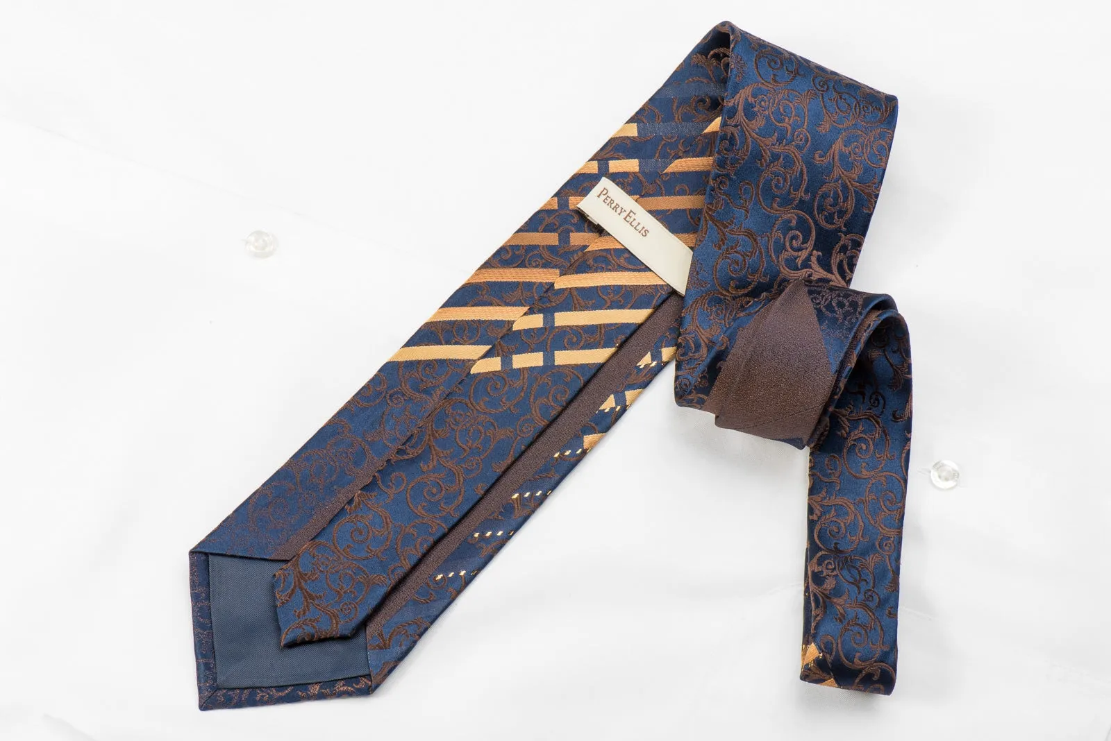 Perry Ellis Men's Crystal Silk Tie Brown Acanthus & Stripes On Navy With Gold Sparkles