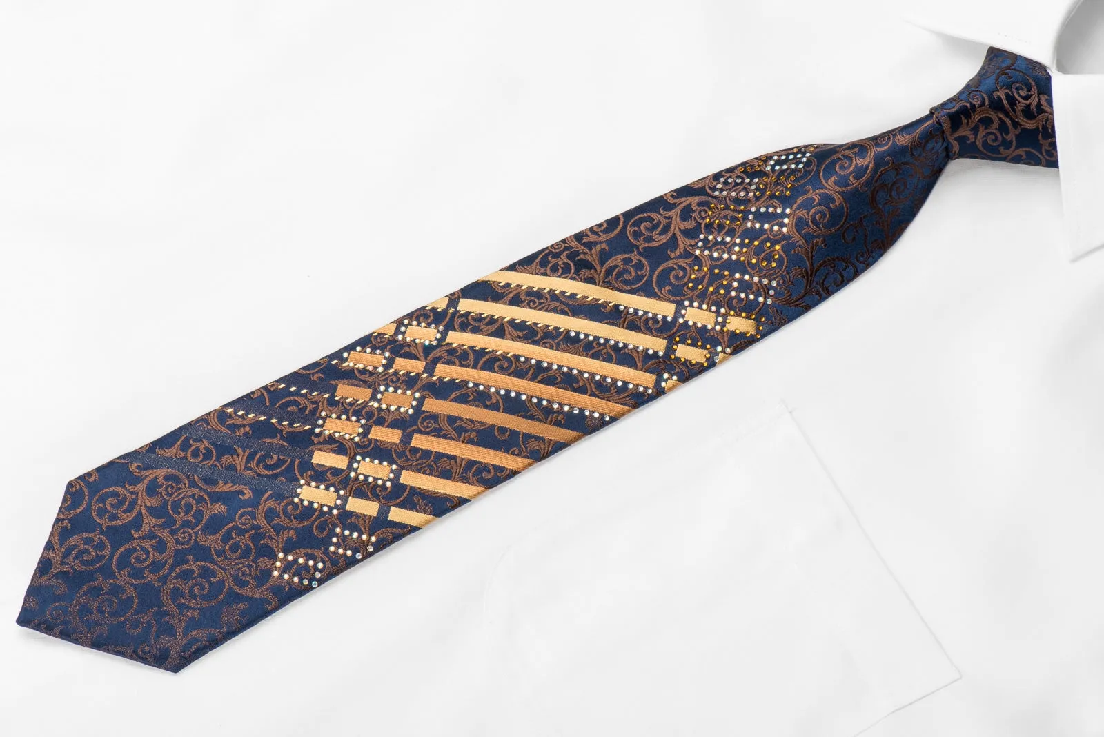 Perry Ellis Men's Crystal Silk Tie Brown Acanthus & Stripes On Navy With Gold Sparkles