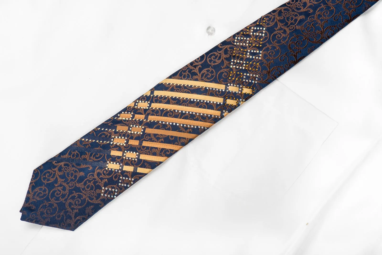 Perry Ellis Men's Crystal Silk Tie Brown Acanthus & Stripes On Navy With Gold Sparkles