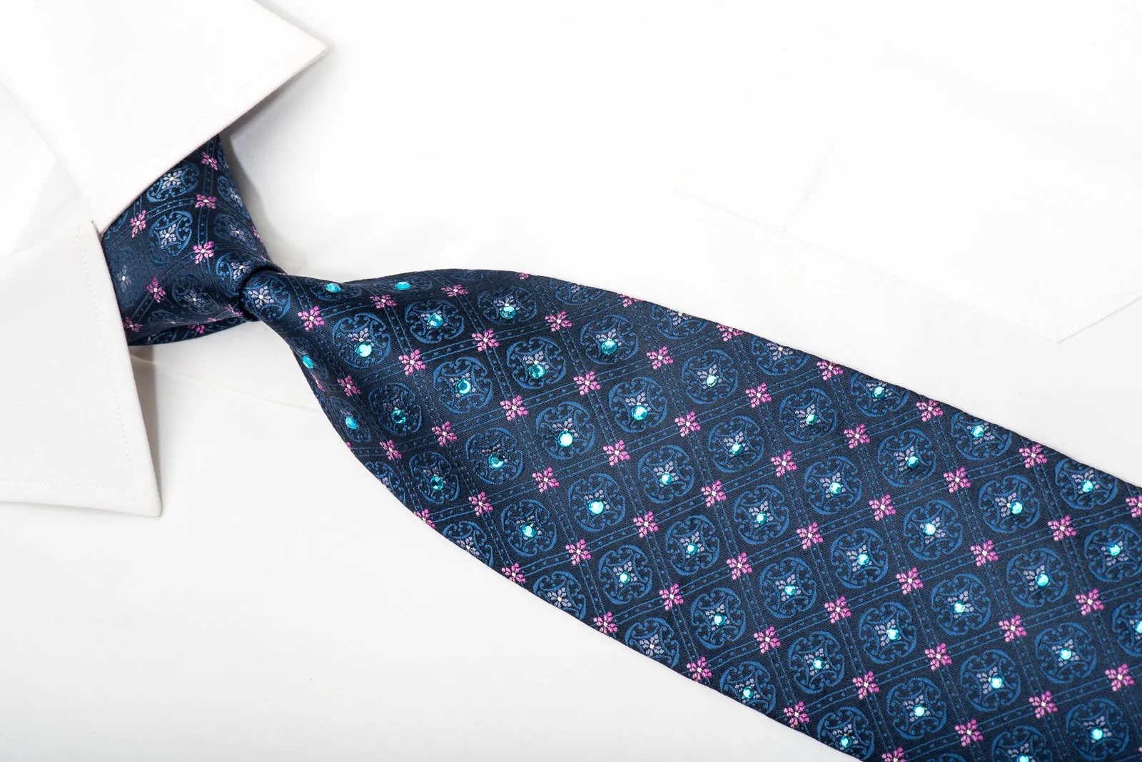Pierre Balmain Mens Silk Tie Cartouche On Blue Sparkling With Crystal Rhinestones