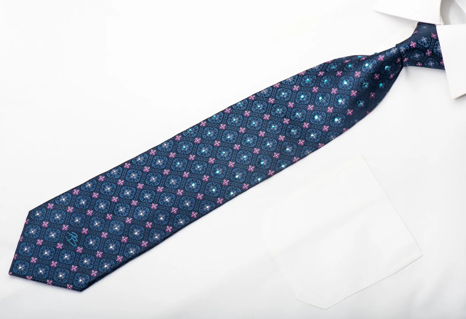 Pierre Balmain Mens Silk Tie Cartouche On Blue Sparkling With Crystal Rhinestones