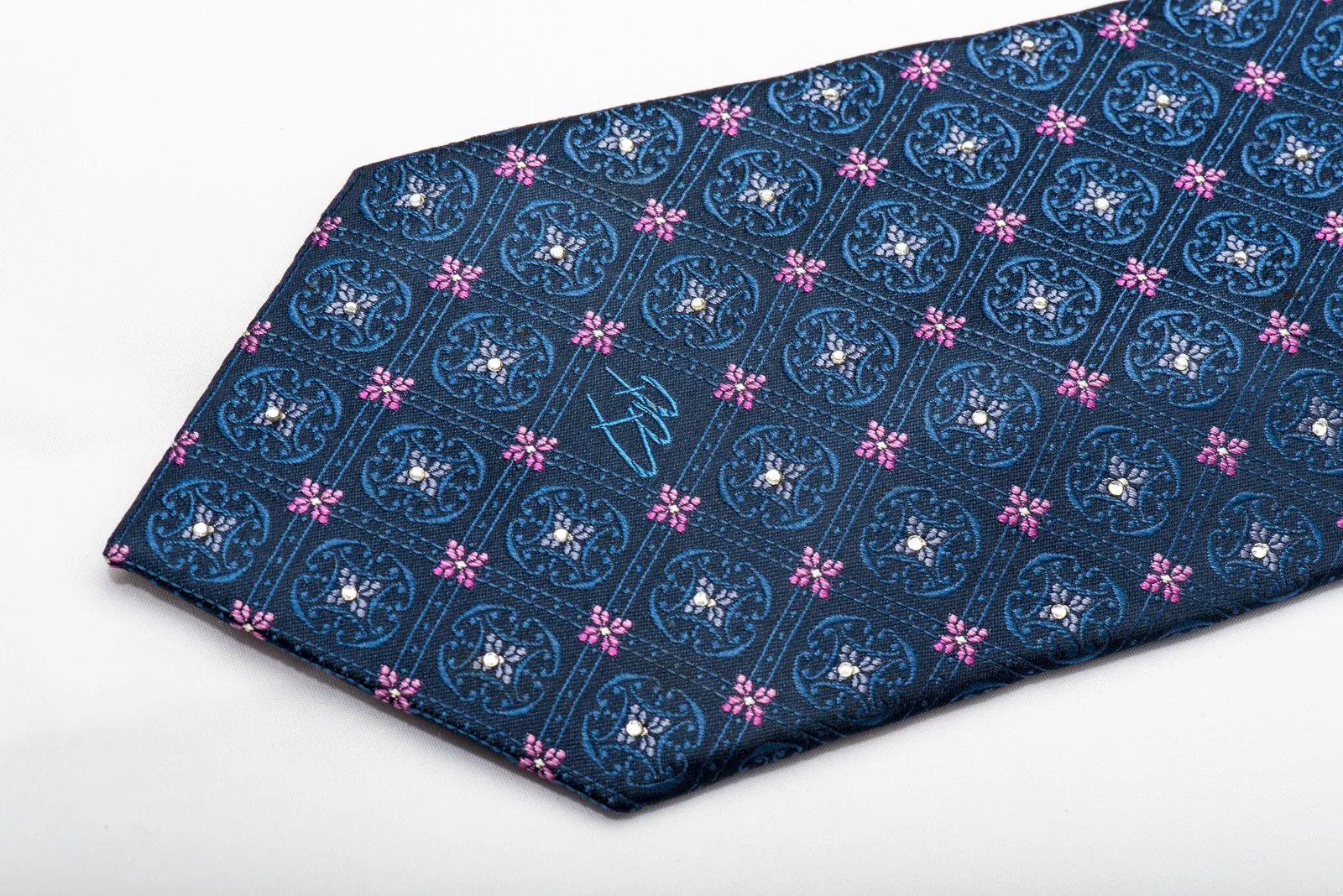Pierre Balmain Mens Silk Tie Cartouche On Blue Sparkling With Crystal Rhinestones