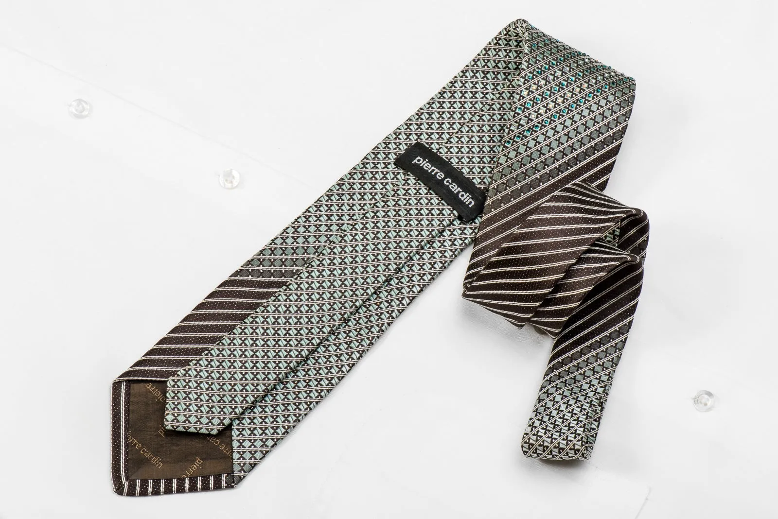 Pierre Cardin Men's Crystal Silk Necktie Silver Checker & Stripes On Black With Silver Sparkles