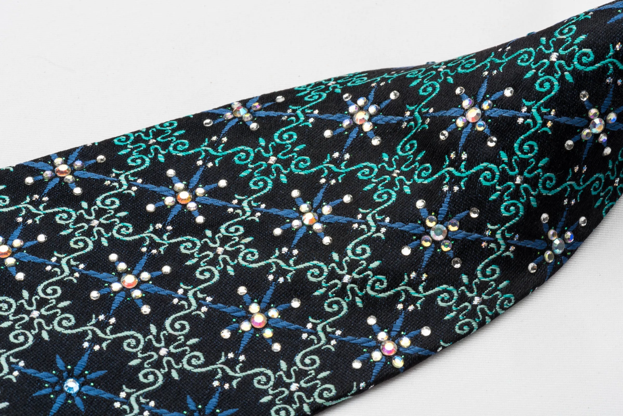 Pierre Cardin Rhinestone Silk Necktie Turquoise Cartouche On Blue With Sparkles