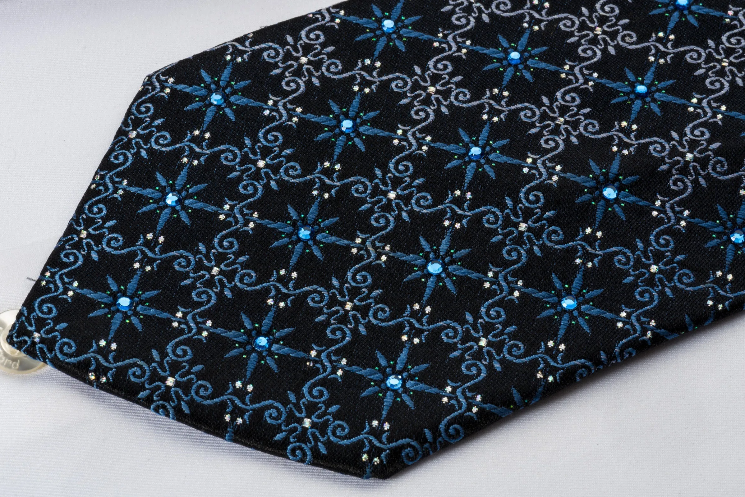 Pierre Cardin Rhinestone Silk Necktie Turquoise Cartouche On Blue With Sparkles