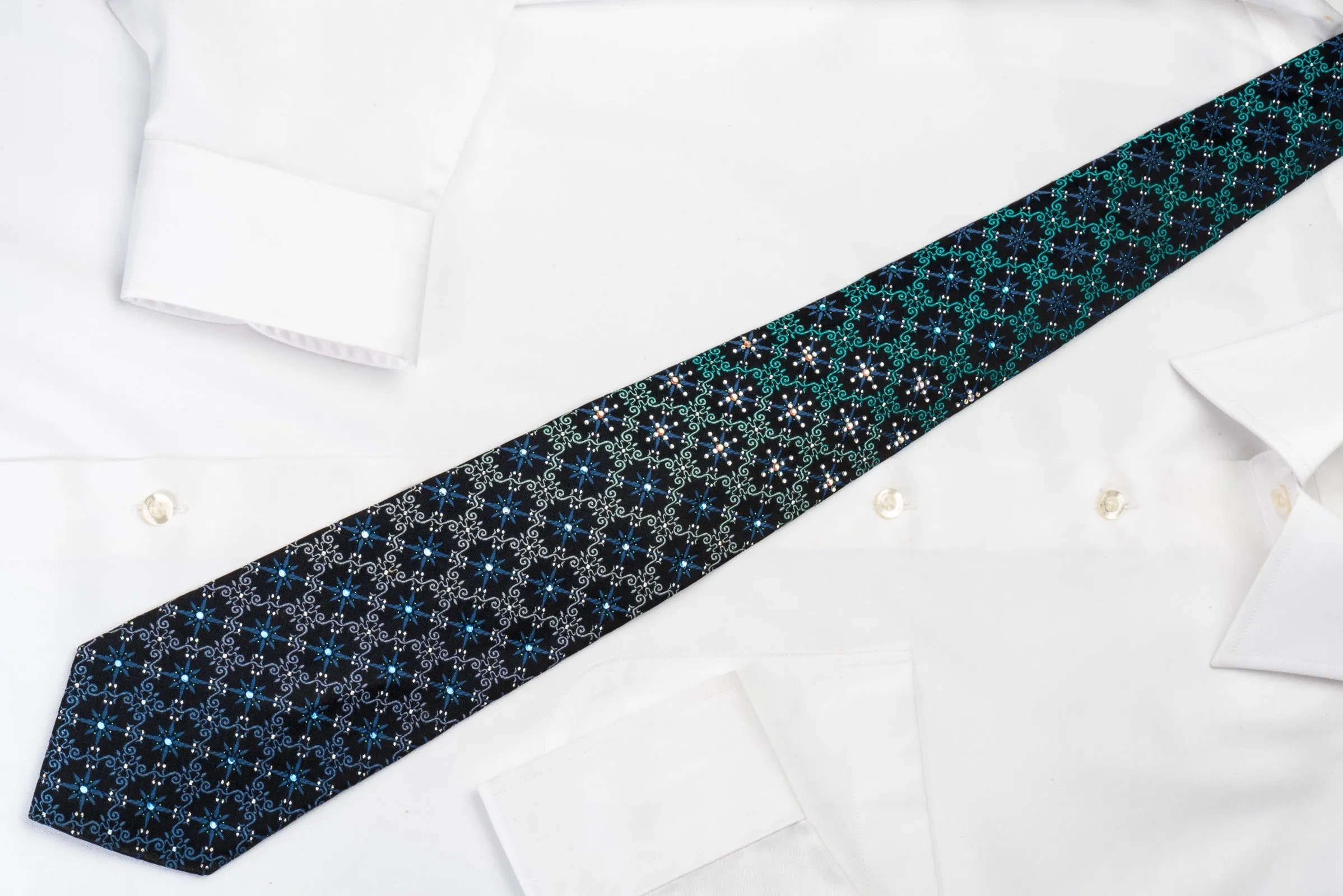 Pierre Cardin Rhinestone Silk Necktie Turquoise Cartouche On Blue With Sparkles