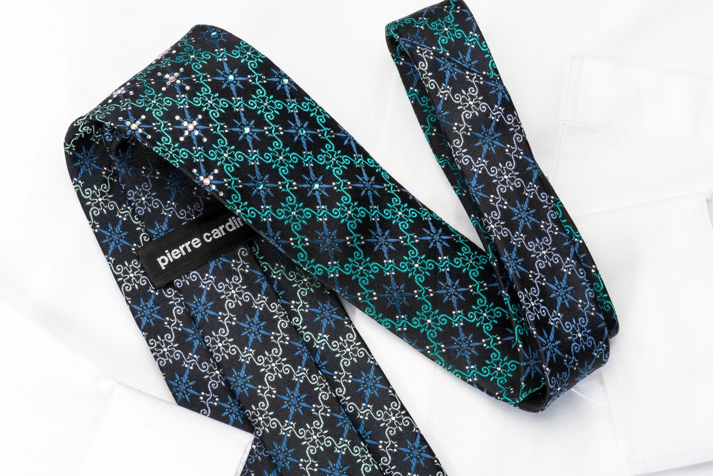Pierre Cardin Rhinestone Silk Necktie Turquoise Cartouche On Blue With Sparkles