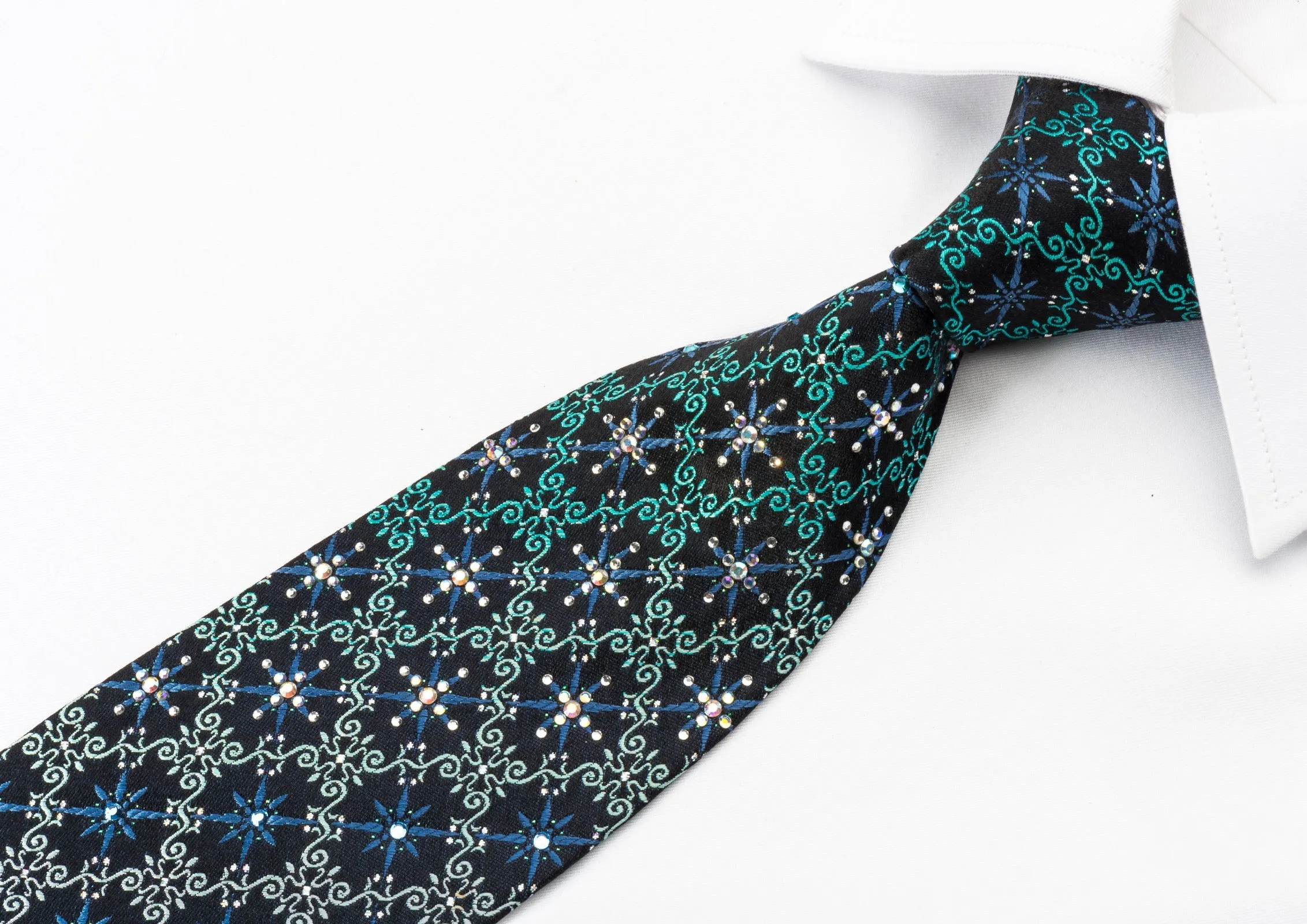Pierre Cardin Rhinestone Silk Necktie Turquoise Cartouche On Blue With Sparkles