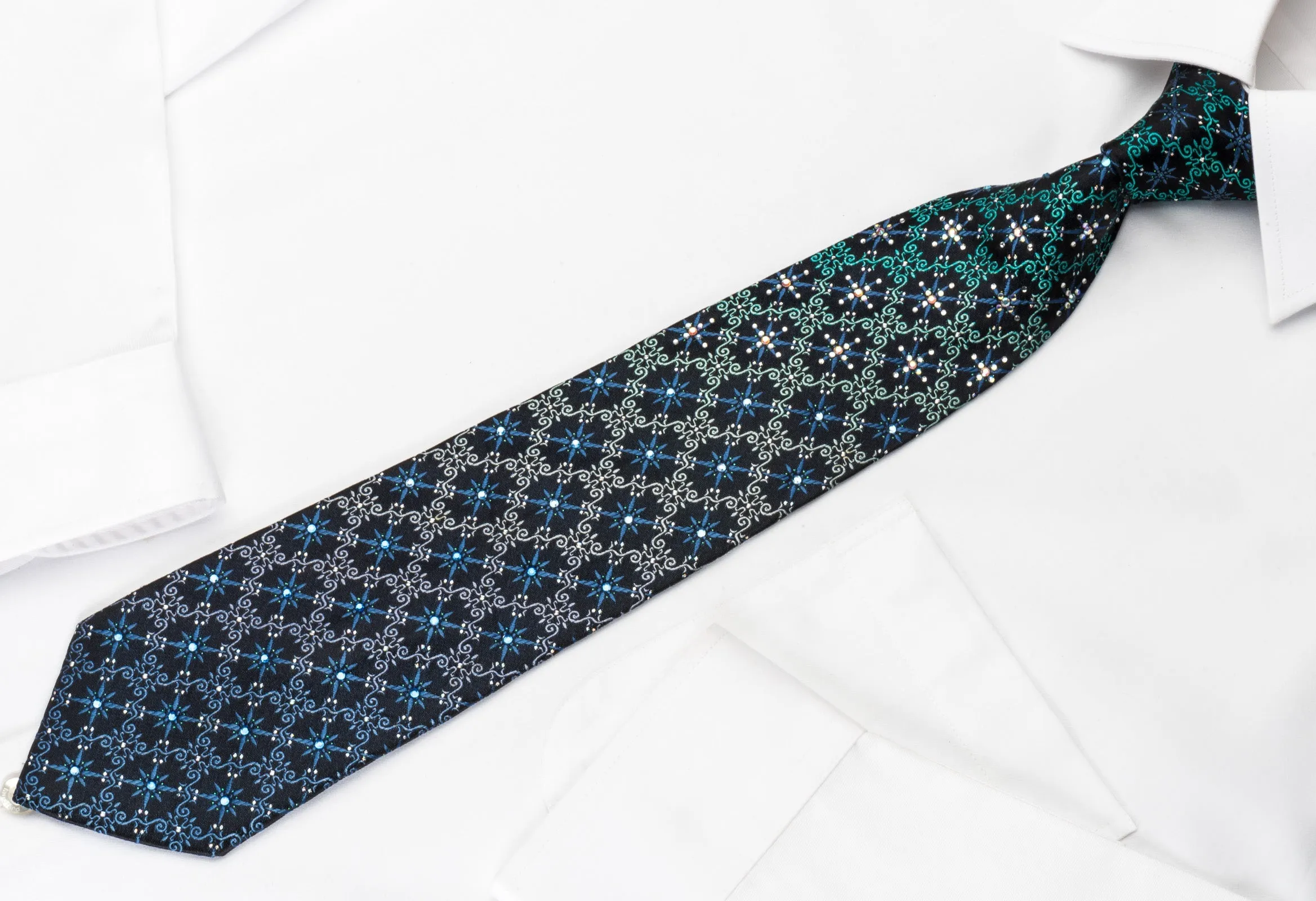 Pierre Cardin Rhinestone Silk Necktie Turquoise Cartouche On Blue With Sparkles