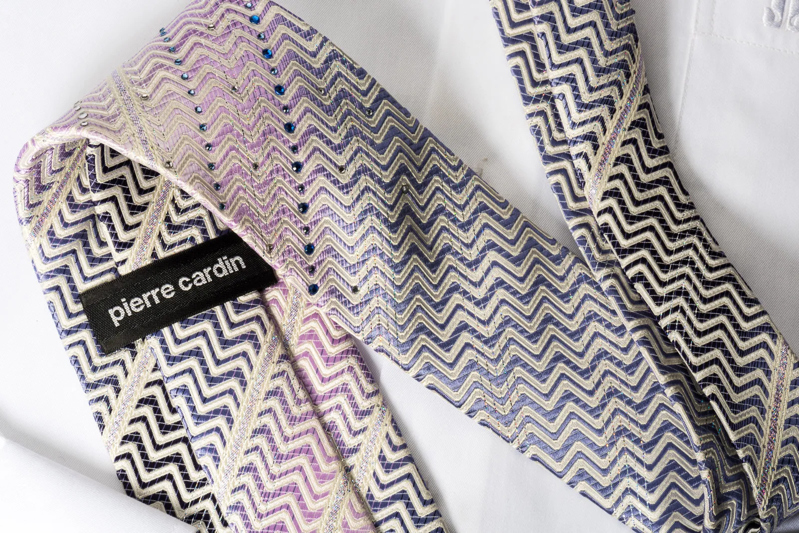 Pierre Cardin Silk Rhinestone Necktie Purple White Zigzag Striped With Silver Sparkles