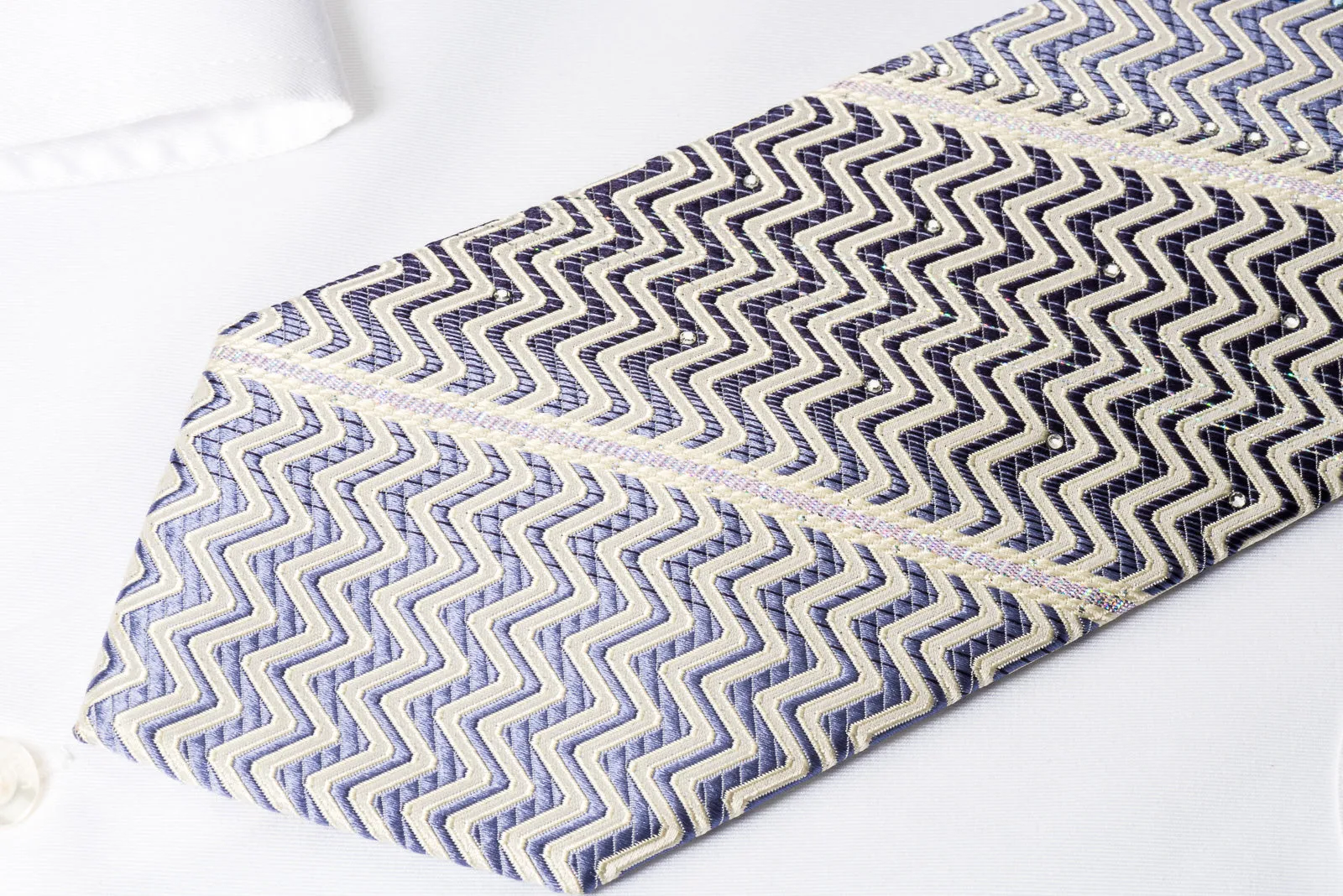 Pierre Cardin Silk Rhinestone Necktie Purple White Zigzag Striped With Silver Sparkles