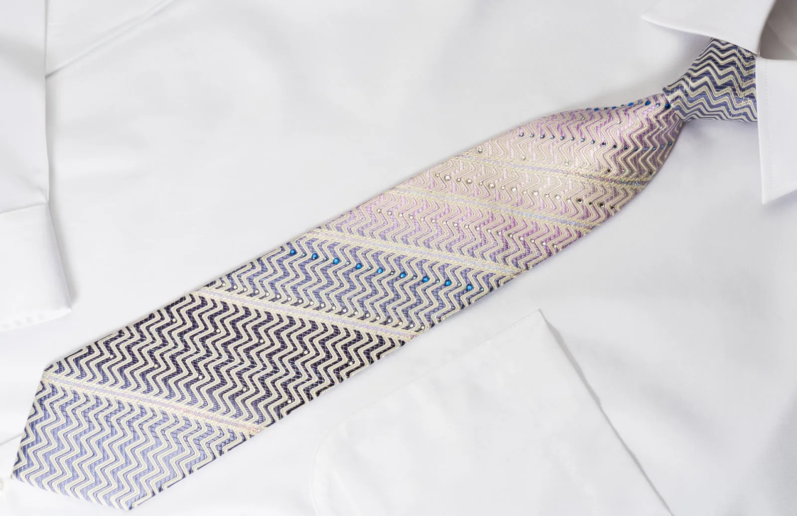 Pierre Cardin Silk Rhinestone Necktie Purple White Zigzag Striped With Silver Sparkles