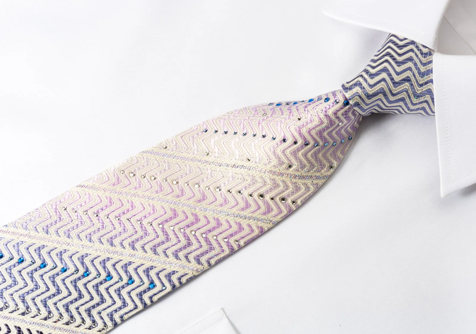 Pierre Cardin Silk Rhinestone Necktie Purple White Zigzag Striped With Silver Sparkles