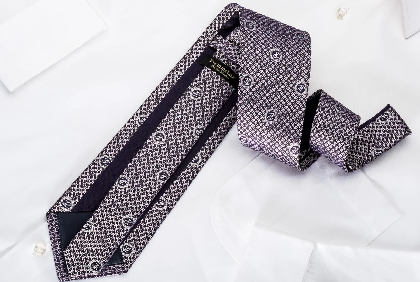 Premierlux Men's Rhinestone Silk Necktie Silver Trellis On Navy With Silver Sparkles