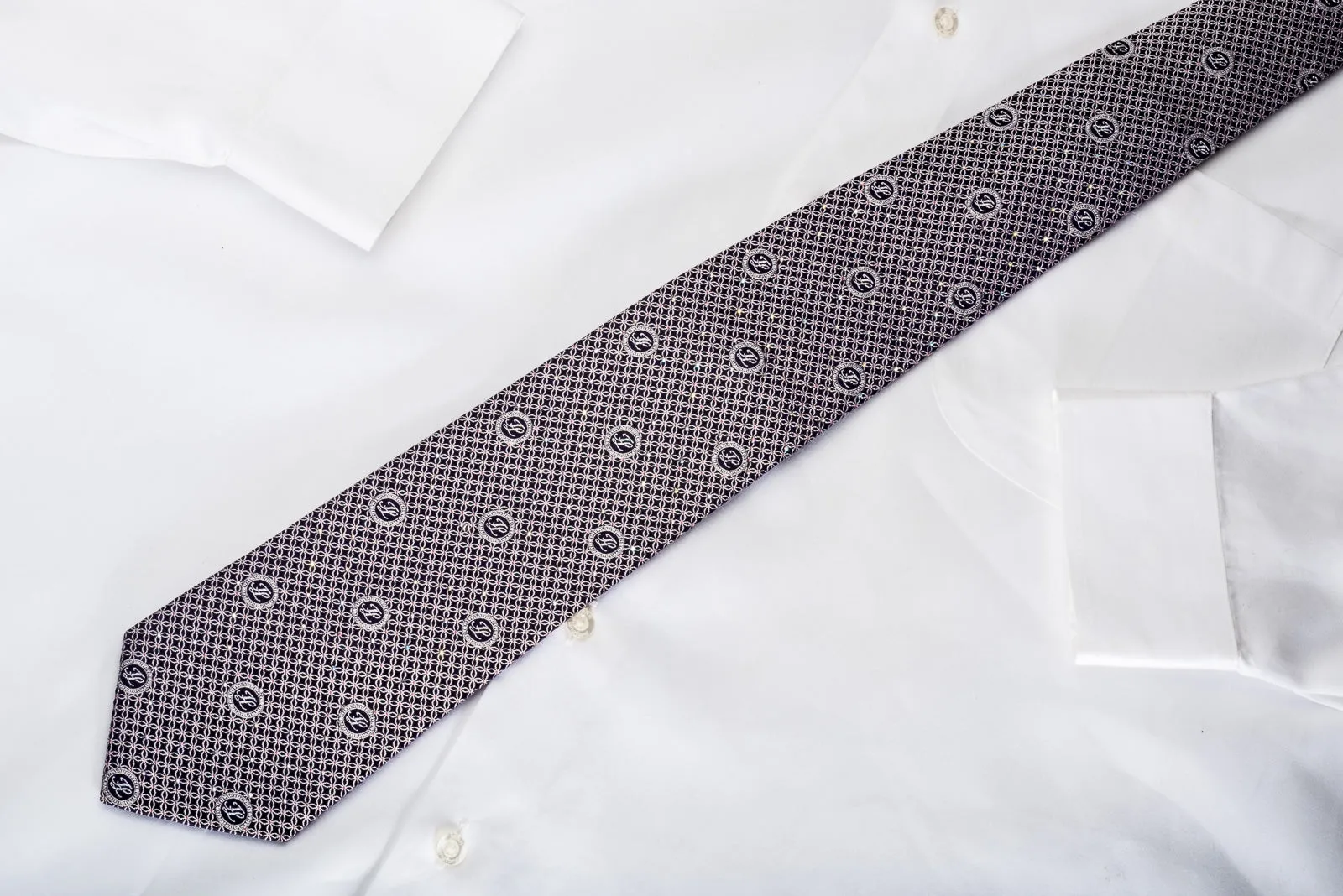 Premierlux Men's Rhinestone Silk Necktie Silver Trellis On Navy With Silver Sparkles