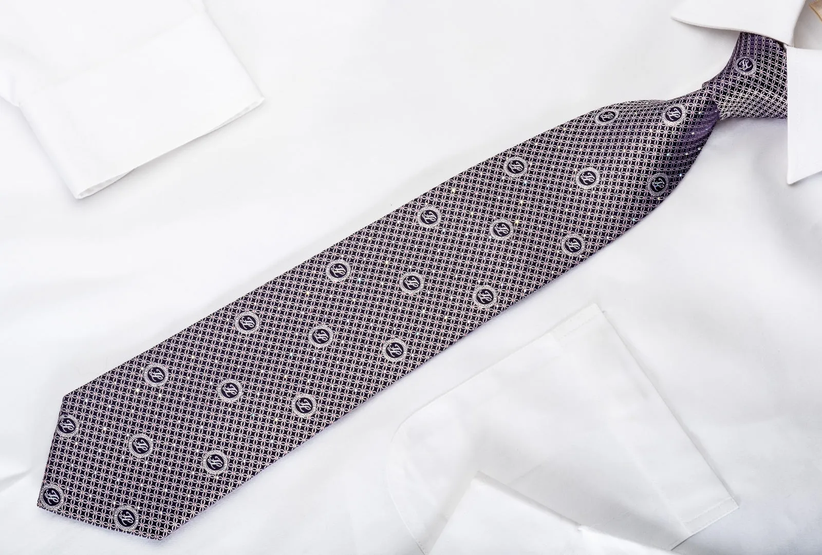 Premierlux Men's Rhinestone Silk Necktie Silver Trellis On Navy With Silver Sparkles