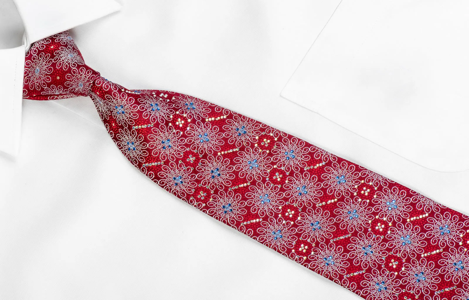 Premium Royal Rhinestone Tie Silver Geometric Medallions On Red With Sparkles