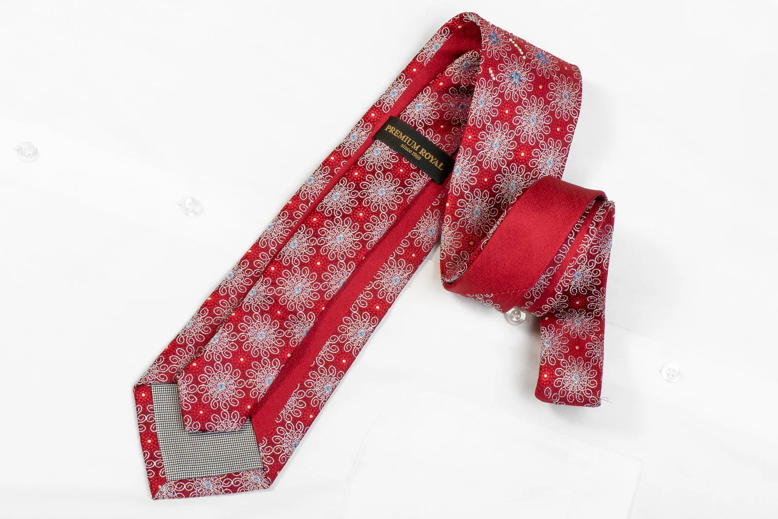 Premium Royal Rhinestone Tie Silver Geometric Medallions On Red With Sparkles