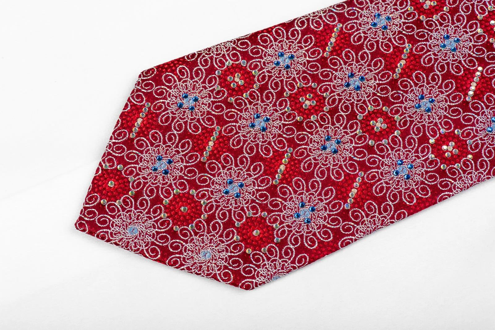 Premium Royal Rhinestone Tie Silver Geometric Medallions On Red With Sparkles