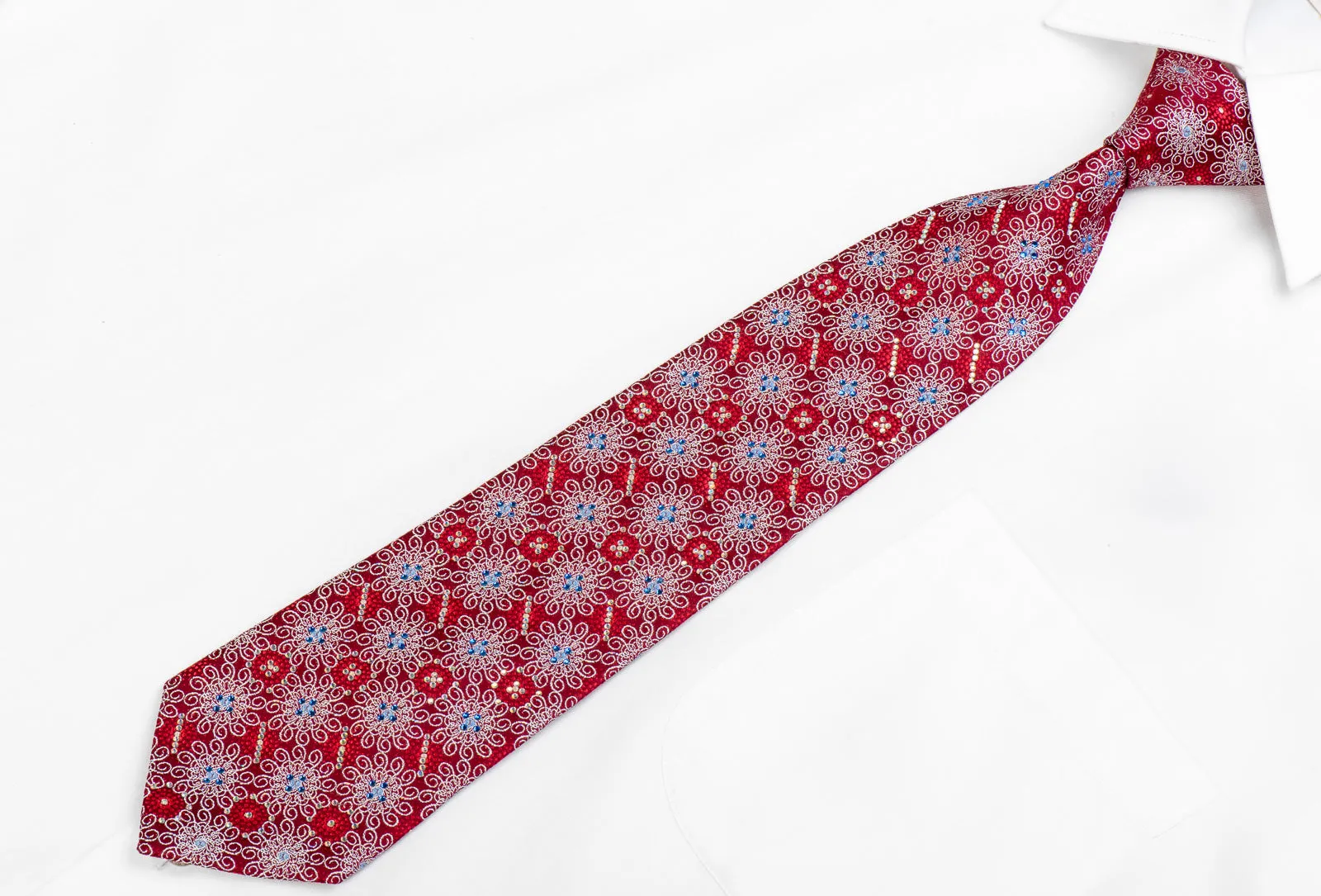 Premium Royal Rhinestone Tie Silver Geometric Medallions On Red With Sparkles