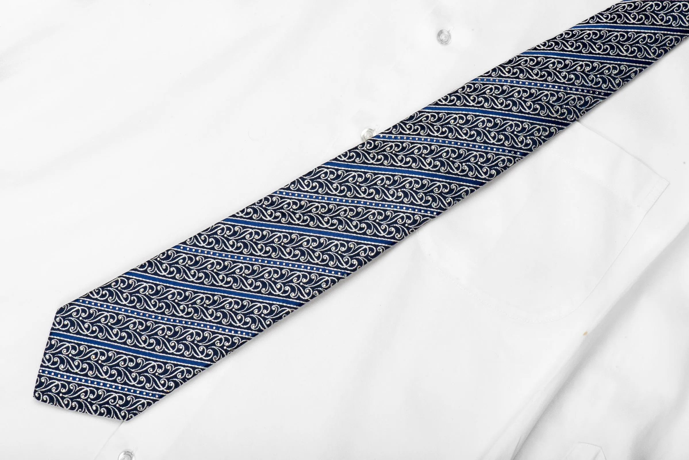 Renoma Men's Crystal Silk Tie Silver Scrolls & Stripes On Blue With Silver Sparkles