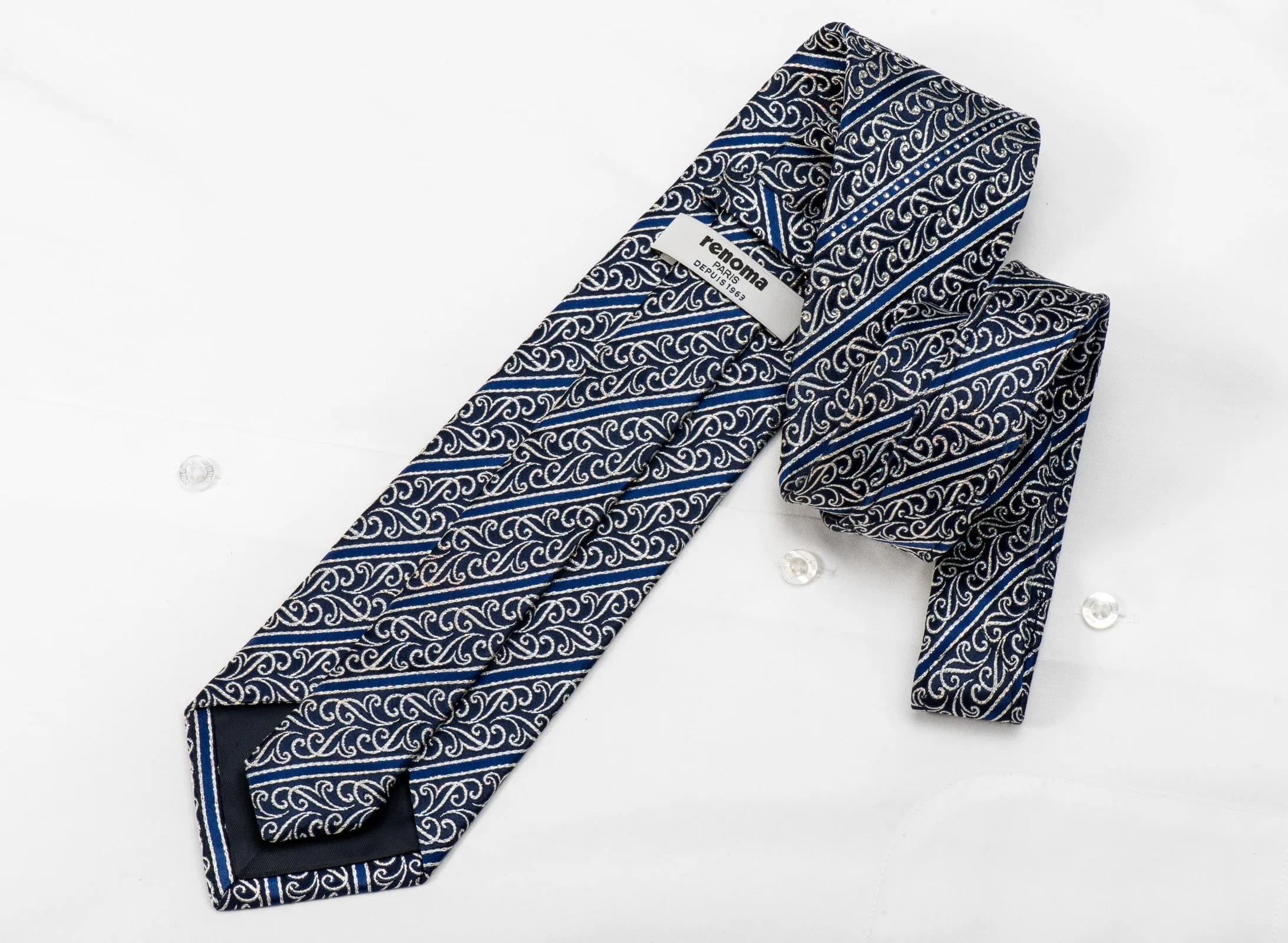 Renoma Men's Crystal Silk Tie Silver Scrolls & Stripes On Blue With Silver Sparkles