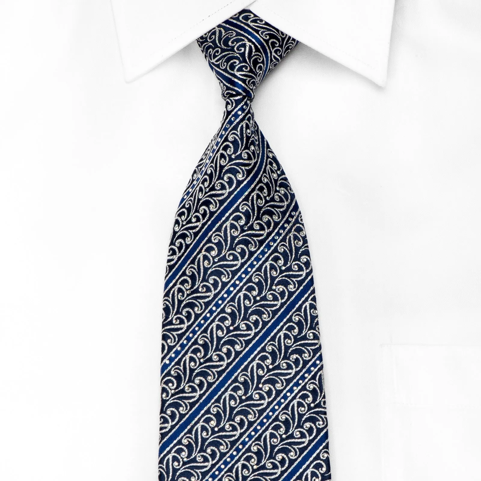 Renoma Men's Crystal Silk Tie Silver Scrolls & Stripes On Blue With Silver Sparkles