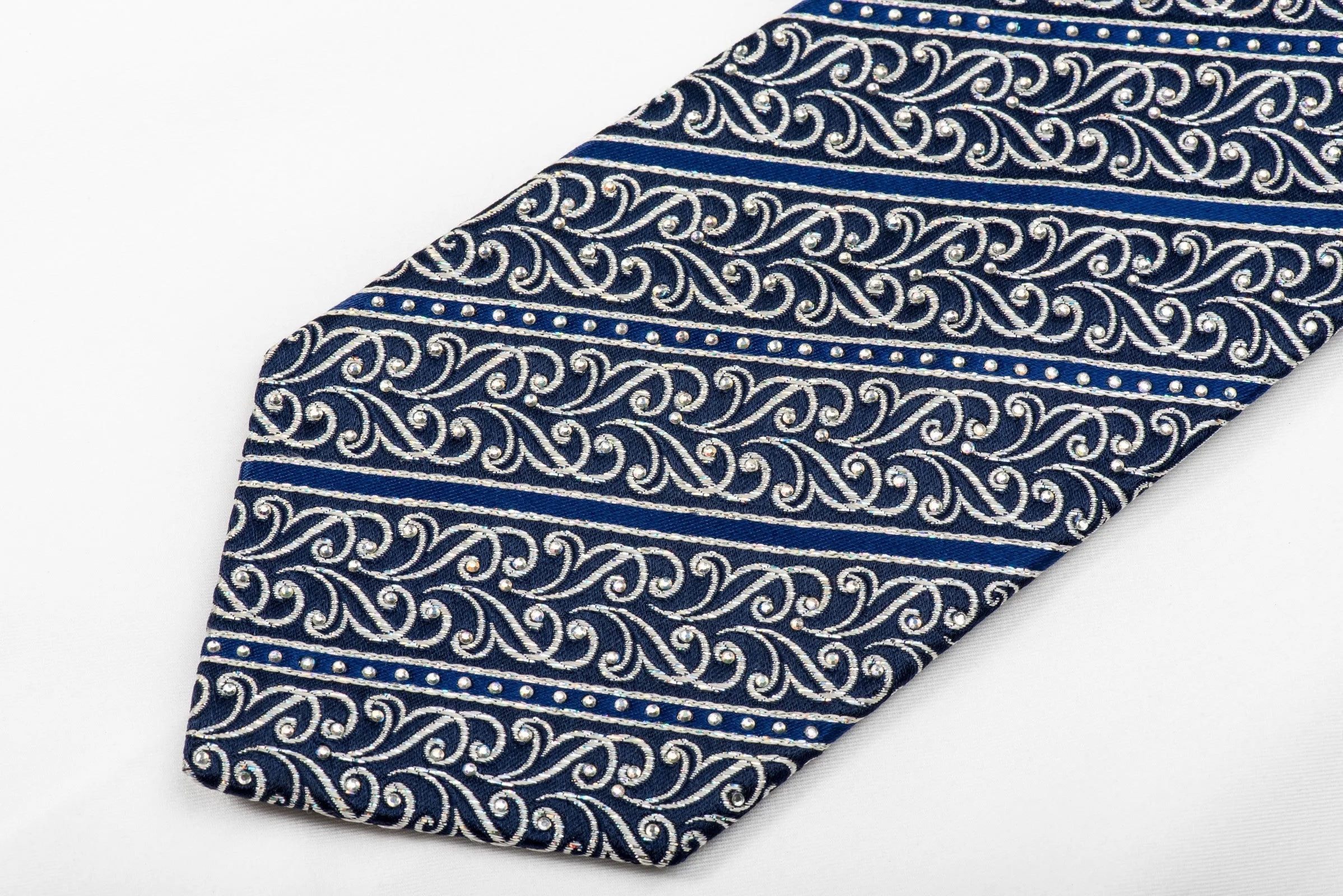 Renoma Men's Crystal Silk Tie Silver Scrolls & Stripes On Blue With Silver Sparkles