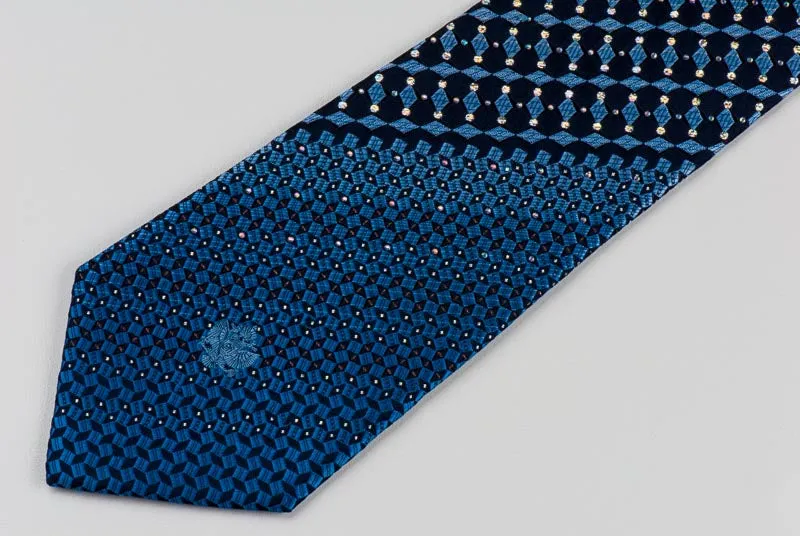 Renoma Mens Rhinestone Tie Blue Silver Geometric Checks On Navy With Silver Sparkles