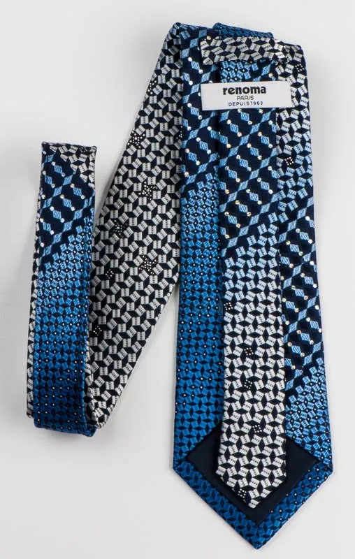 Renoma Mens Rhinestone Tie Blue Silver Geometric Checks On Navy With Silver Sparkles