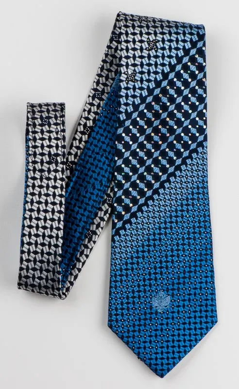 Renoma Mens Rhinestone Tie Blue Silver Geometric Checks On Navy With Silver Sparkles