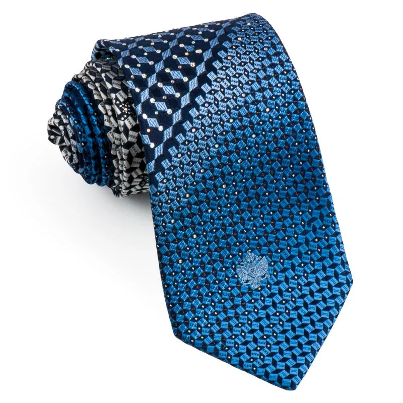 Renoma Mens Rhinestone Tie Blue Silver Geometric Checks On Navy With Silver Sparkles