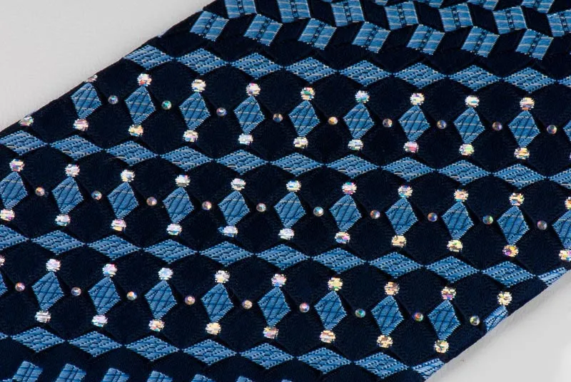 Renoma Mens Rhinestone Tie Blue Silver Geometric Checks On Navy With Silver Sparkles