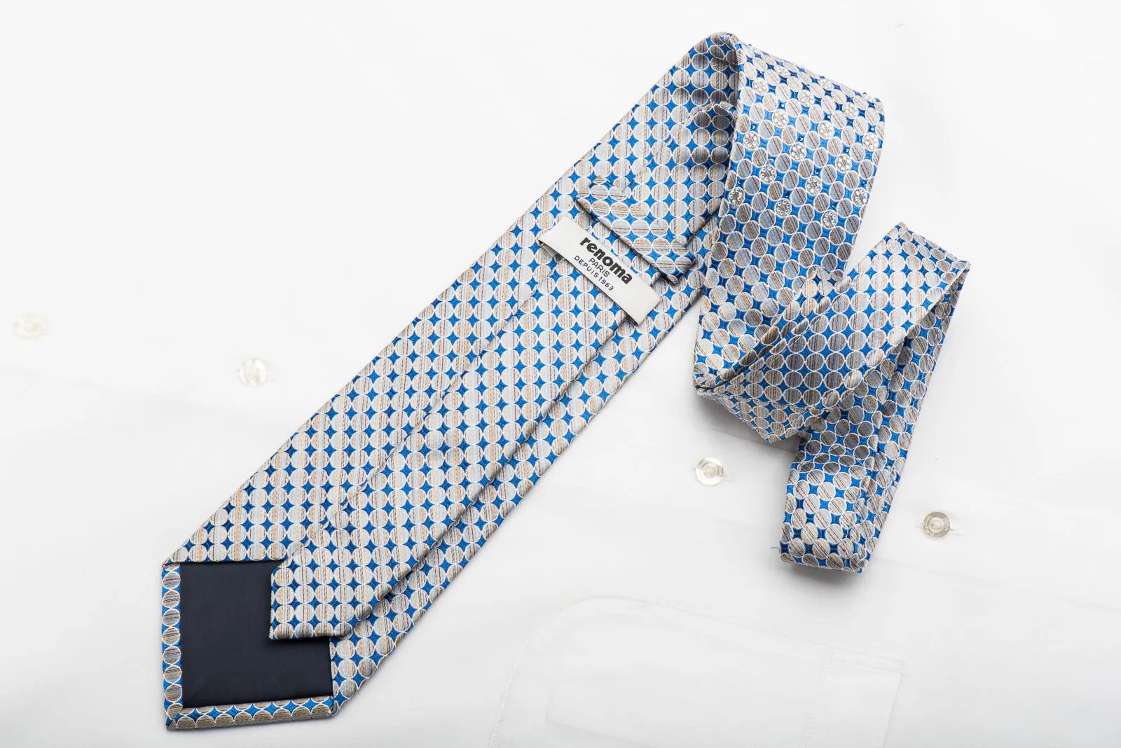 Renoma Men's Silk Necktie Silver Circles On Blue Sparkling With Rhinestones