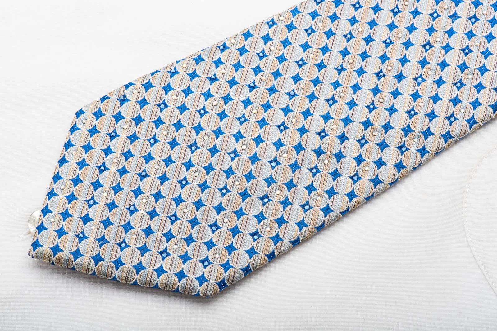 Renoma Men's Silk Necktie Silver Circles On Blue Sparkling With Rhinestones