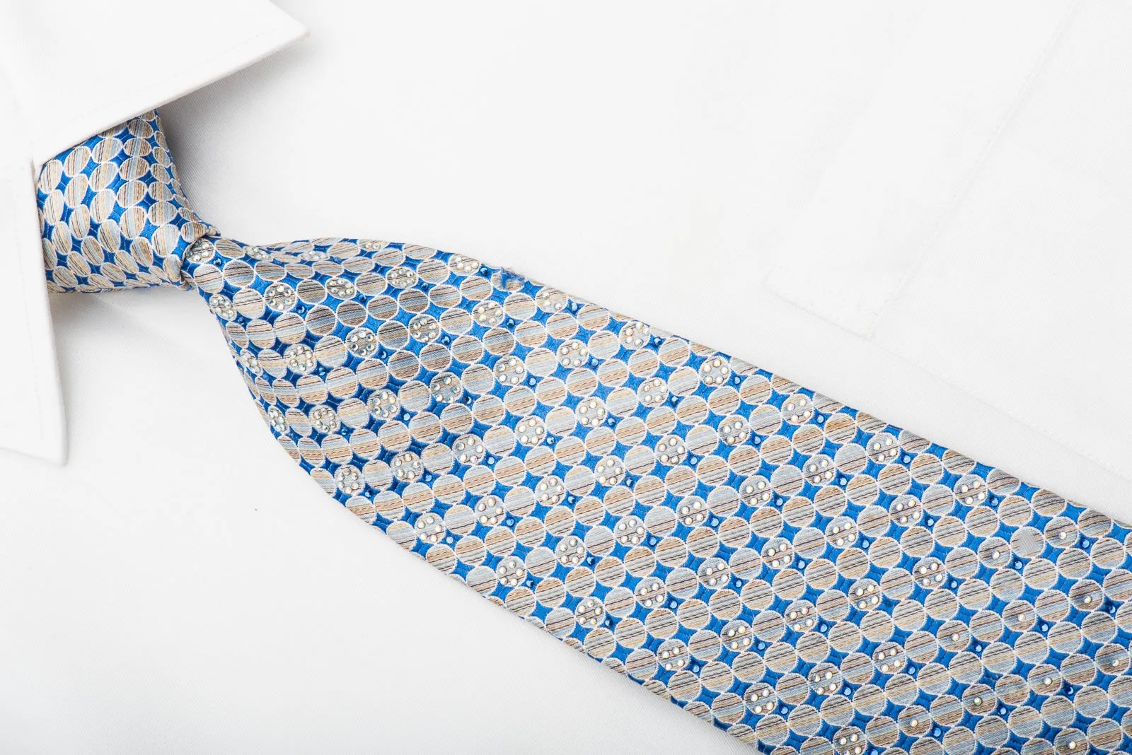 Renoma Men's Silk Necktie Silver Circles On Blue Sparkling With Rhinestones