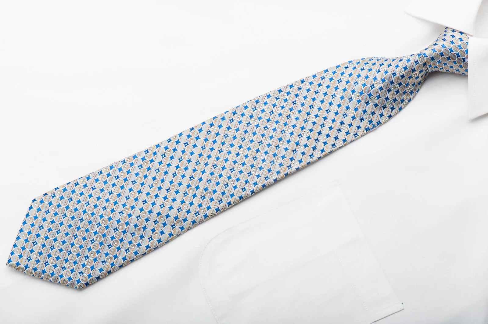 Renoma Men's Silk Necktie Silver Circles On Blue Sparkling With Rhinestones