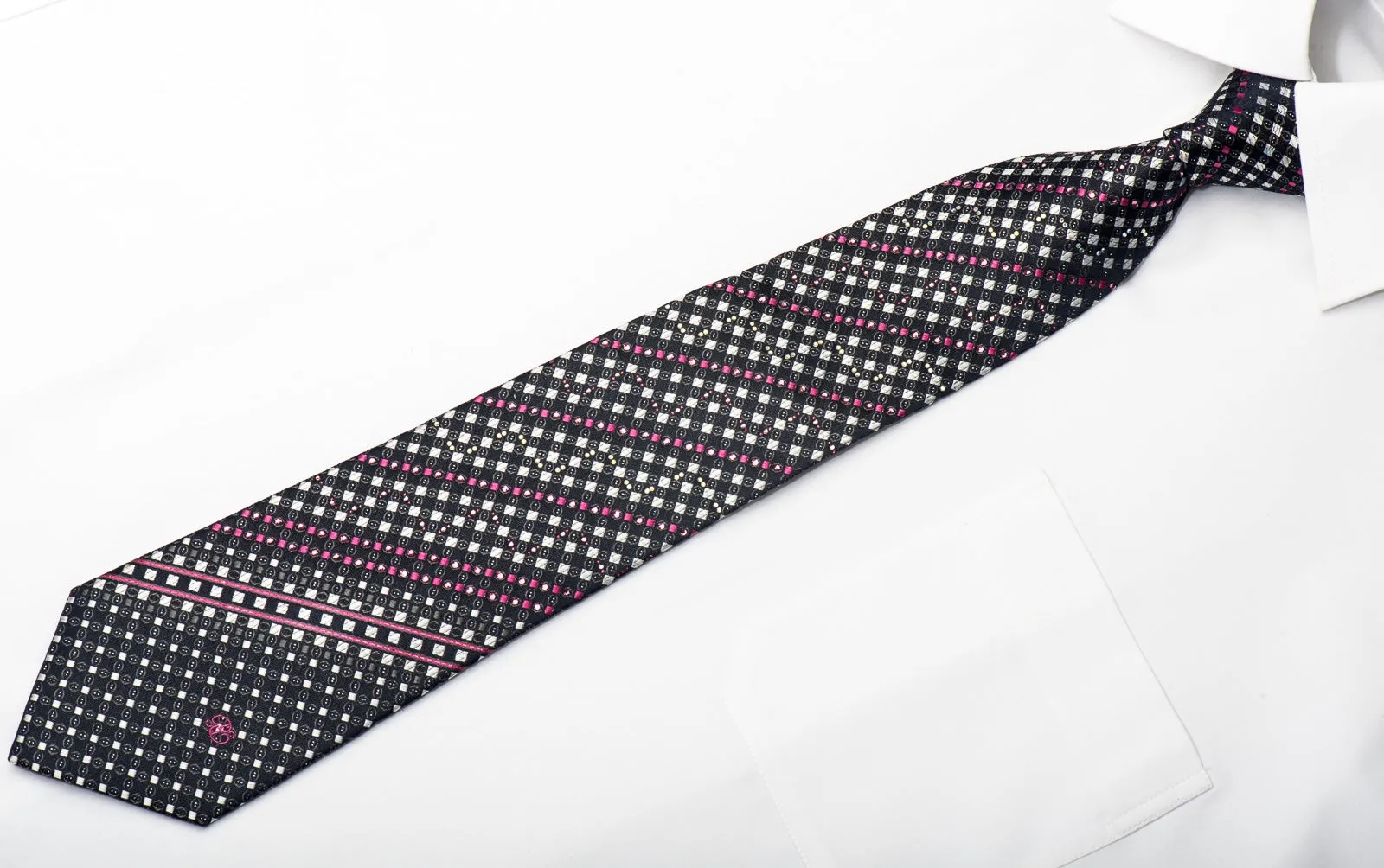 Renoma Men's Silk Necktie Silver Pink Checkered On Navy Sparkling With Rhinestones