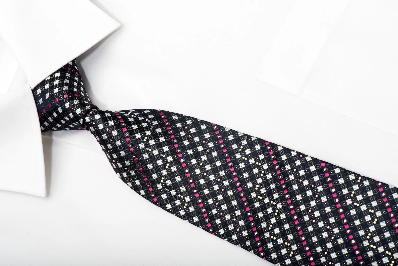 Renoma Men's Silk Necktie Silver Pink Checkered On Navy Sparkling With Rhinestones