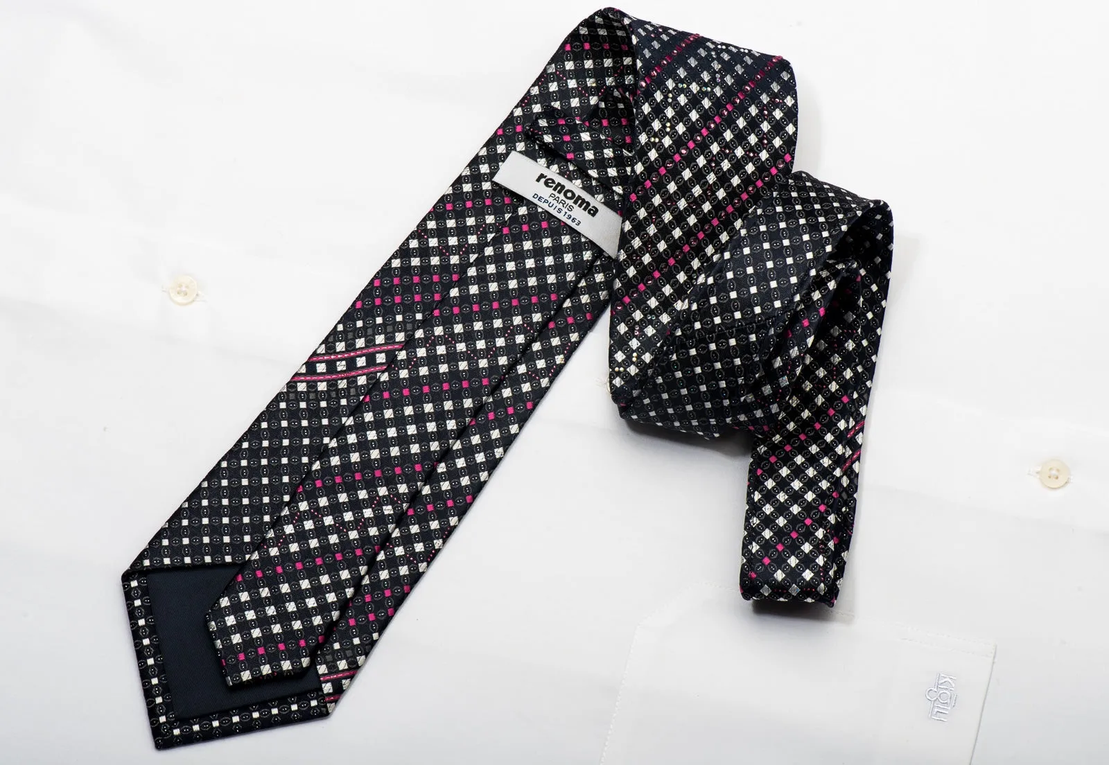 Renoma Men's Silk Necktie Silver Pink Checkered On Navy Sparkling With Rhinestones